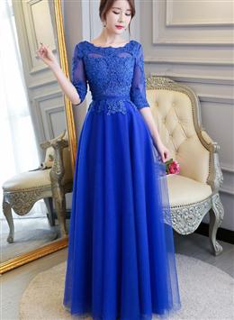 Picture of Blue Lace and Tulle 1-2 Sleeves Long A-line Bridesmaid Dresses, Blue Party Dres Formal Dresses